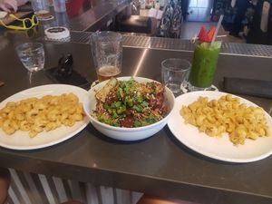 Korean BBQ Cauliflower with coconut brown rice and two sides of mac n cheese. at Stem Farm and Kitchen in Baltimore