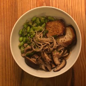 Fresh soba nodule in a mushroom broth and topping.  at Vero L'Autre Cantine in Paris
