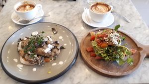 Mushroom thyme toast , avo toast, bonsoy cappu at Cafe Organic in Kerobokan Kelod