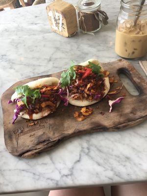 bao buns with coconut bacon & pulled jackfruit! at Cafe Organic in Kerobokan Kelod