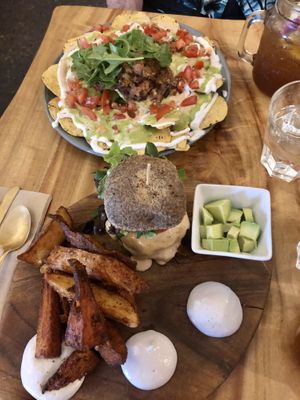 Nachos + burger  at Elixiba in Byron Bay