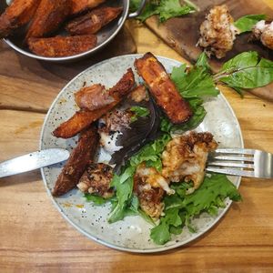 Handcut chips& Sweet Potatoe, Cailiflower bites at Elixiba in Byron Bay