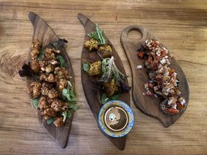 Cauliflower bites, kimchi dumplings and bruschetta   at Elixiba in Byron Bay