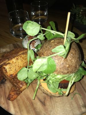 Burger and spiced fries  at Elixiba in Byron Bay