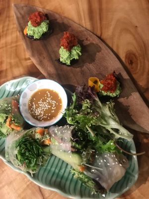 Green tea mushrooms and rice paper vitality wraps  at Elixiba in Byron Bay