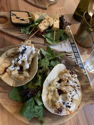 Tacos with the famous Coconut flesh and some tofu satay at Elixiba in Byron Bay