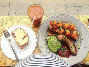 Vegan Breakfast, lemon loaf, juice  at Lele's in East London