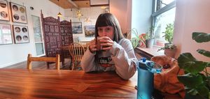Vegan girl at Dandelion Cafe in Saltaire