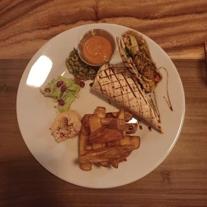 Falafel wrap with chips at Dandelion Cafe in Saltaire