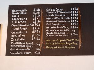 Drinks menu at Dandelion Cafe in Saltaire