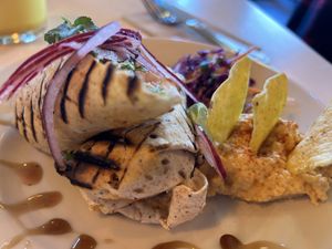 Mexican black bean and Tempeh wrap  at Dandelion Cafe in Saltaire