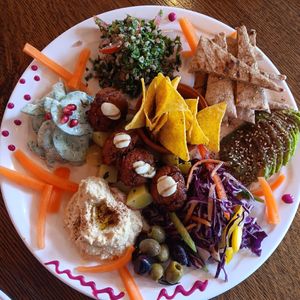 Today we had the mezze plate. Isn't it beautiful! at Dandelion Cafe in Saltaire