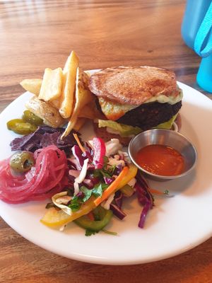 Gluten Free Tempeh & Blackbean Burger at Dandelion Cafe in Saltaire