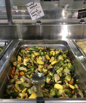 Vegan food at the hot bar at Lakewinds Food Co-op Chanhassen in Chanhassen