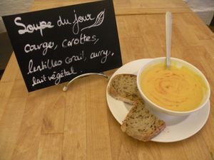 Fresh organic daily soup at Mundo Cafe in Lyon