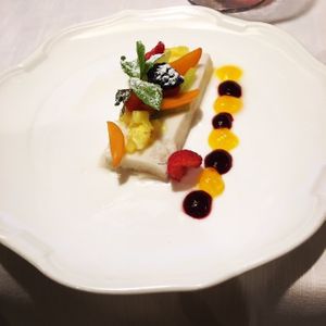 Almond milk pudding with alkekengi at Orso Grigio in Cavalese