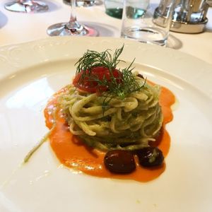 Home-made spelt noodles with late-growing radicchio and walnut sauce at Orso Grigio in Cavalese