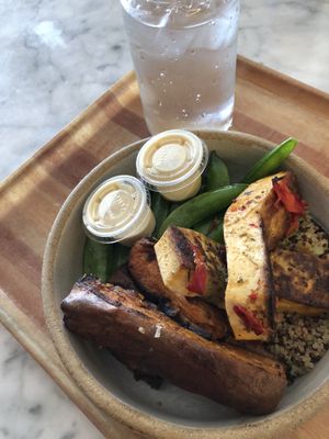 Sweet potato and sugar snaps as sides to tofu over quinoa  at DIG in Rye Brook