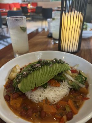 Coconut rice with beans and grilled veggies  at El Blok Hotel in Vieques