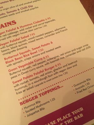 Vegan menu at Lounges - Caballo Lounge in Epsom