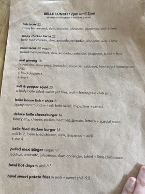 Menu. More vegan options on daily specials  at The Belle General in Ballina