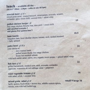 menu at Belle Central in Ballina