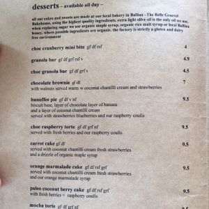 menu at Belle Central in Ballina