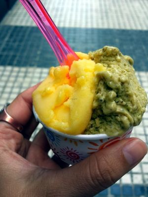 Orange and pistacchio gelato - both vegan! at Come Mi Gira Gelateria Naturale - Pje. de Francia in Gran Canaria