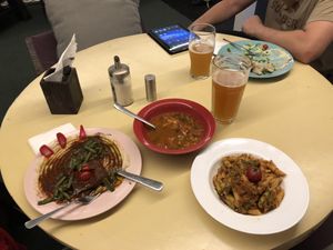 Seitan steak, spicy Georgian soup and soy marinara pasta at Animals in St Petersburg