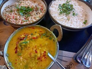 Dhal (asked for oil instead of butter) and two types or rice at Taj Mahal in Sevilla
