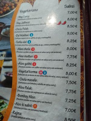 Vegetarian section of the menu with allergens listed at Taj Mahal in Sevilla