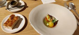 Main: tomatoes, vegan mozzarella, etc. and foccacia at Amaranth in Merelbeke