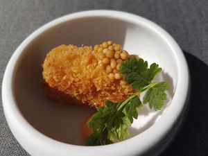 part of ten-course menu, vegan cheeze croquette at Amaranth in Merelbeke