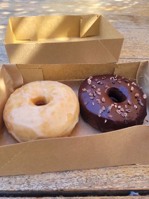 Glazed and double chocolate at Good Town Doughnuts in Costa Mesa
