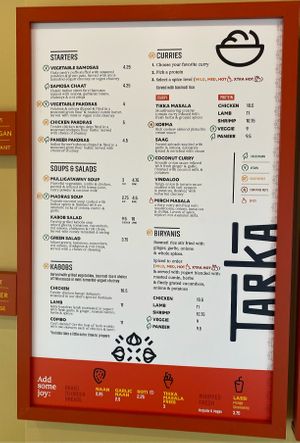 Tarka menu (v is vegan) at Tarka Indian Kitchen in Austin