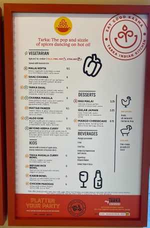 Tarka menu (v is vegan) at Tarka Indian Kitchen in Austin