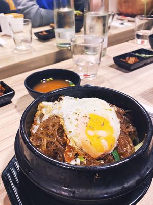 Dolsot Jap chae with a fried egg at Bibimcup in Dusseldorf