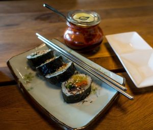 Kimbap with vegetables. Ask for vegan version, the normal chili sauce on the table is NOT vegan/vegetarian! at Bibimcup in Dusseldorf