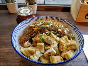 Bibimbap with rice noodles and tofu at Bibimcup in Dusseldorf