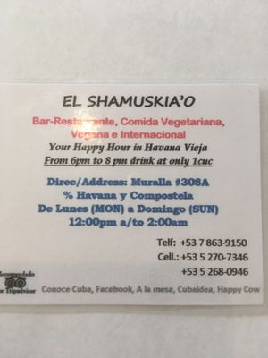 Business Card at El Shamuskia'o in Havana