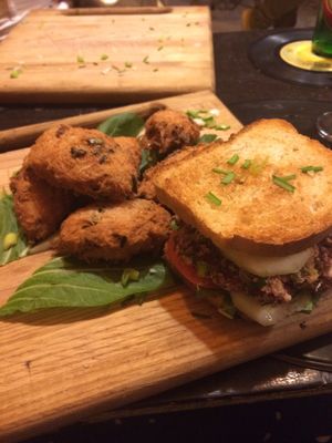 Vegan ‘hamburger’ (not the best choice) and malanga fritters (yum) at El Shamuskia'o in Havana