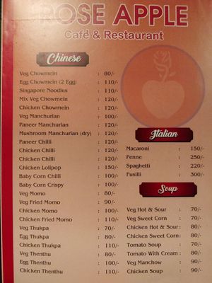 Menu - Selection of chinese and Italian cuisine at Rose Apple Cafe in Bodhgaya