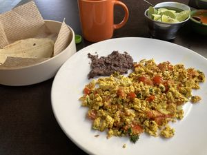 Scrambled tofu, beans and soft corn tacos  at VEGuerrero in Mexico City