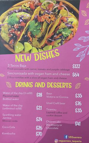 English menu as of June 2022, page 1  at VEGuerrero in Mexico City