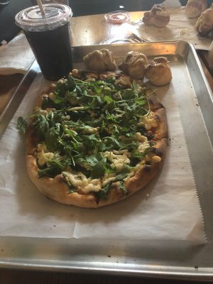 Vegan pizza with vegan garlic knots and Maine root soda at The Tomato Shack Salad & Pizza co in West Chester