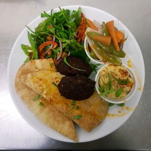 Beetroot & Chickpea Fritters • Pitta Bread • Homemade Hummus • House Pickles • Salad at Siren in Liverpool
