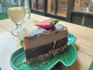 Cheesecake and kombucha. at El Veggie in Arequipa