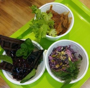 delicious soy meat and waffles at Mox in Moscow