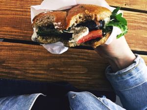 Portobello burger + cashew blue cheese sauce ! yum❤️ at Mox in Moscow