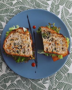 Our version of tofu sandwich with tofu, caramelizedonion, mushrooms and pesto at Mox in Moscow